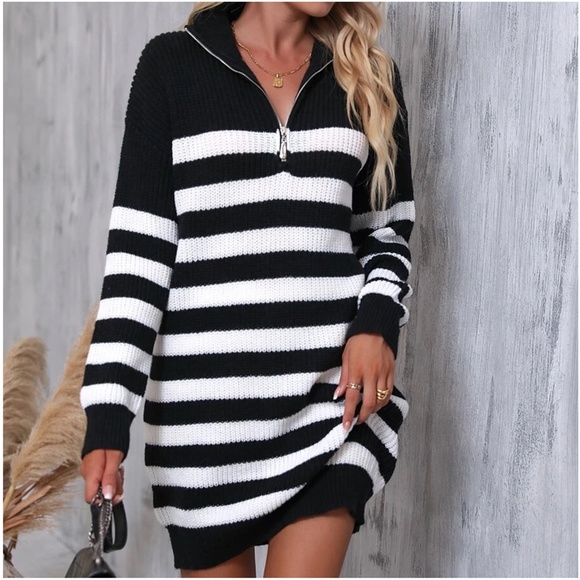 Cozy Color Block Stripes Zipper Sweater Dress - Picture 11 of 12